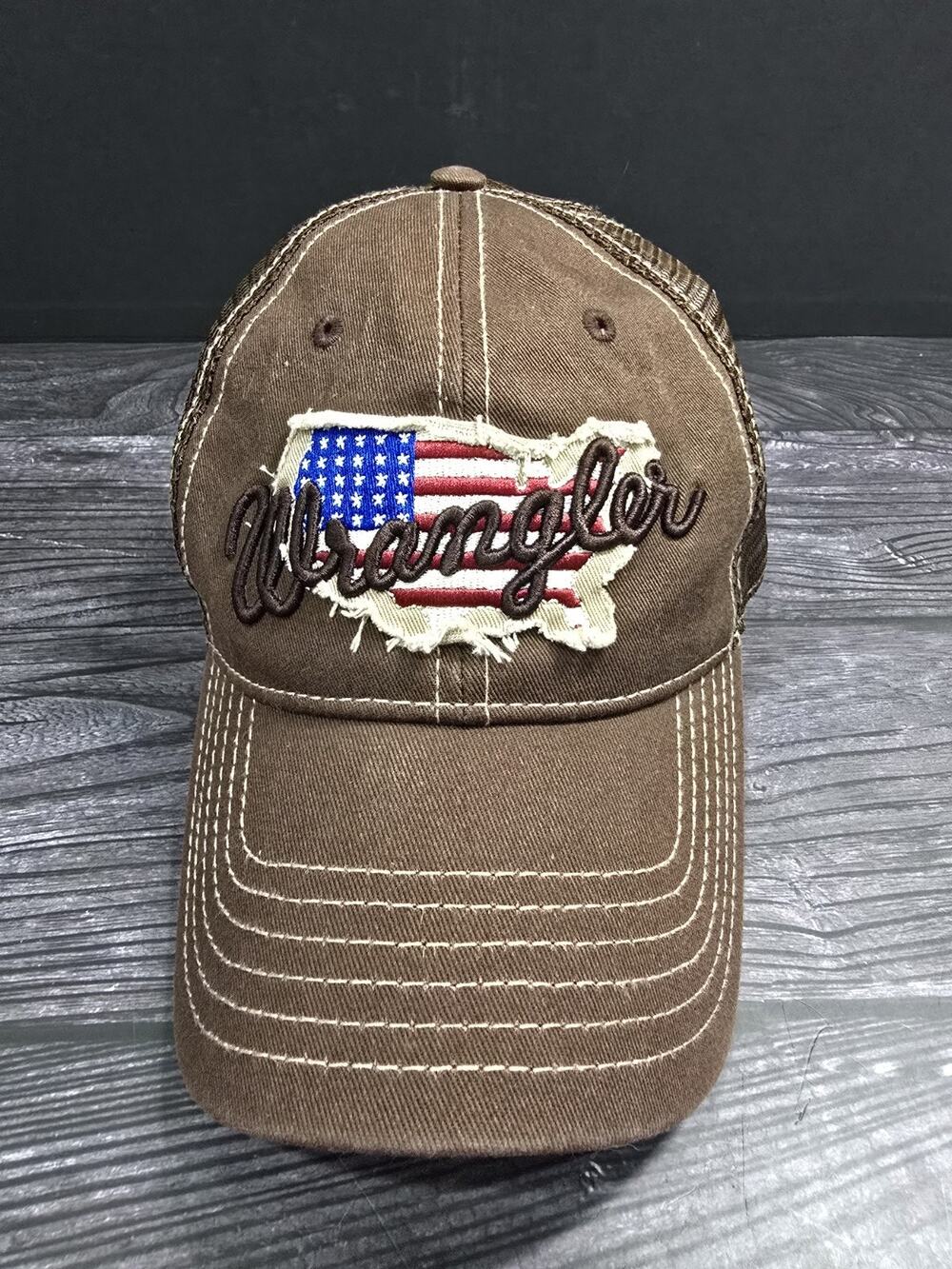 Wrangler Mens Western Baseball Cap Brown Embroidered US Flag Patch Snapback